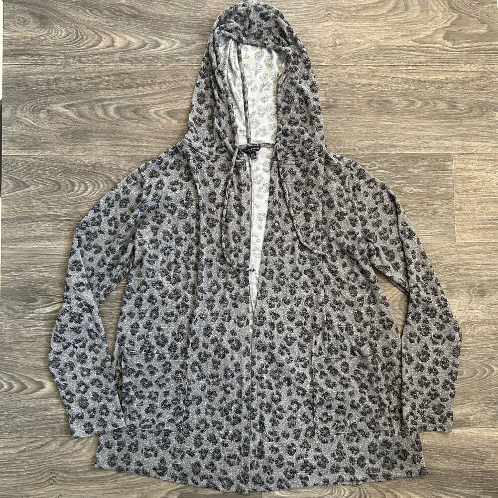 Lucky Brand Cardigan Hoodie Sweater Large Gray Leopard Print Loungewear - Picture 2 of 14
